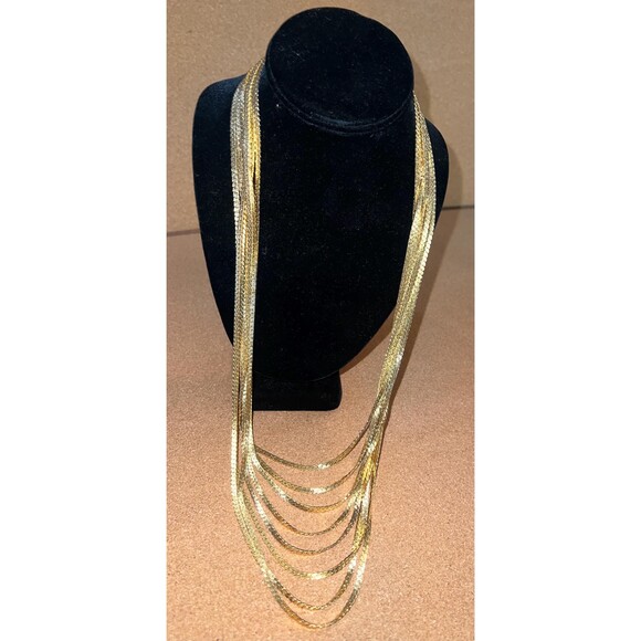 Monet Gold Tone Multi Layer Necklace 1980s Herringbone Chain Collar 32 in VTG - Picture 1 of 3